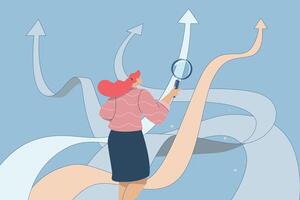 Business decisions or choices, Finding the right way, Business opportunities or paths to success, Using vision to decide the path ahead, Businesswoman with magnifying glass choosing a business path. vector