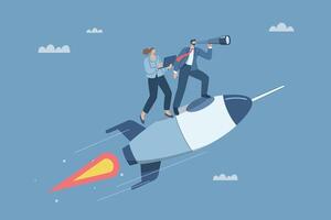 A team of businessmen riding rockets looking through binoculars, Business concepts for development and moving forward to success, Business team with a vision to achieve goals. design. vector