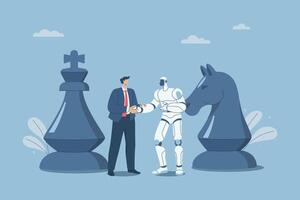Business leaders join hands with robots, Human resource and AI strategy collaboration, Collaborative strategy for mutual success, Planning for important collaboration for the company. vector