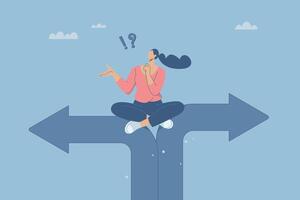 Confusion or decision about business approach, Difficult decision, Choosing the right direction, Finding the right business direction, Businesswoman sitting thinking and making business decisions. vector