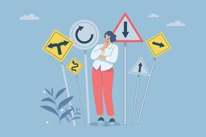 Businesswoman standing thinking and looking at crossroads sign, Difficult decision, Choosing the right direction, Finding the right business direction, Confusion or decision about business direction. vector
