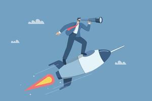 Businessman riding a rocket looking through binoculars, Business concepts for development and moving forward to success, Vision to achieve goals, design illustration. vector
