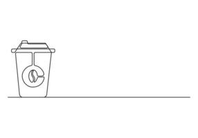 Paper cup of coffee in one line drawing. Concept of hot drink to go in line art style. Editable stroke. Digital illustration vector