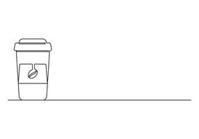 Paper cup of hot coffee in one continuous line drawing. Concept of drink to go single line art style digital illustration vector