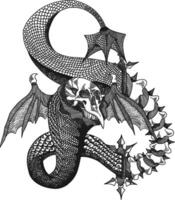The illustration depicts a Western-style itsumade mythological creature, its form emerging from a swirling vortex of bones and bird skulls. The creature has a pair of majestic dragon wings. vector