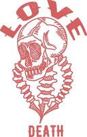 love and loss. The bones and skulls are rendered in delicate line art, creating a sense of both beauty and fragility. The words love death are written in a bold and contrasting font. vector