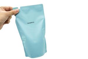 Refill packet or bag. Zero waste. Reuse reduce recycle concept. refill liquid soap, shampoo and other products. Plastic packaging for refill pouch isolated on white background. Clipping path. photo
