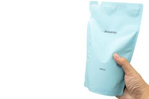 Refill packet or bag. Zero waste. Reuse reduce recycle concept. refill liquid soap, shampoo and other products. Plastic packaging for refill pouch isolated on white background. Clipping path. photo