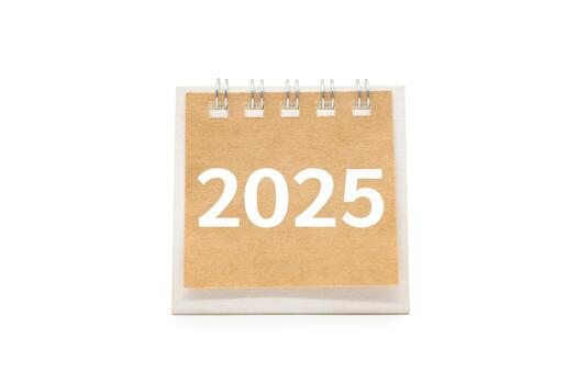 2025 on desk calendar with Clipping path isolate on white background. Beginning and start of the new year 2025. Concept of planning and start. photo