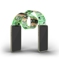 Transferring Australian dollar notes from one mobile phone to another. Online money transfer concept. money coming out of mobile phone isolated on transparent background. 3d rendering png