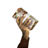 Raised hand Holding stacks of Ghana Cedi notes isolated on transparent background.background png