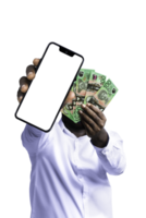 Black person holding Australian dollar notes and pointing phone with blank screen to the camera. Hand holding Australia dollars currency notes png