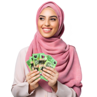 Middle east woman with Australian dollar notes isolated on a transparent background. Financial freedom, wealth and face of happy, excited and rich female with cash in her hands png
