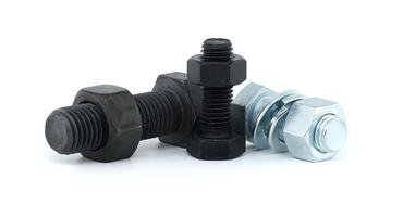 Close-up of metal bolts and nuts with one black and one silver on white background photo