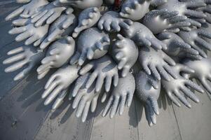 Abstract composition of inflated rubber gloves with water droplets creating unique artistic pattern photo