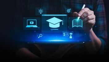 Person Using Tablet with E-Learning Icons Representing Online Education, Distance Learning, and Digital Tools for Student Success and Virtual Learning Platforms, Personal development concept photo