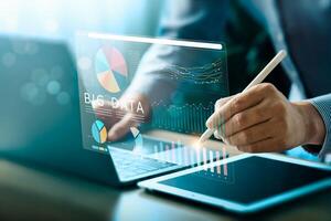 Businessman Analyzing Big Data Analytics on Virtual Screen with Graphs and Charts, Representing Data Science, Technology, and Business Intelligence Solutions for Decision Making, Performance Insights photo