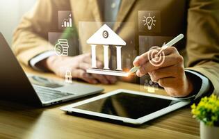 businessman using mobile online banking and payments, digital marketing. Financial and banking networking. Customer network connection and online shopping, financial security, business technology photo