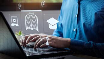 Professional Engaging with E-Learning Platforms on Laptop, Highlighting Virtual Education Tools for Online and Distance Learning to Enhance Student Success, Academic Growth, Modern Digital Classrooms photo