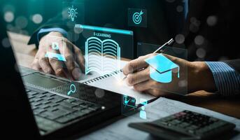 Professional Engaging with E-Learning Platforms on Laptop, Highlighting Virtual Education Tools for Online and Distance Learning to Enhance Student Success, Academic Growth, Modern Digital Classrooms photo