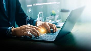 Businessman Engaging in Cybersecurity Measures on Laptop, Business in the Digital Age, Tech Security Online Privacy Smart Security Software Global Network Protection Digital Business Security photo