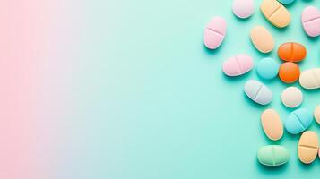 Flat lay colorful medicine different pills, tablets and capsules on gradient pastel color pink and yellow background. photo