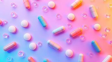 Flat lay colorful medicine different pills, tablets and capsules on gradient pastel color purple and pink background. photo