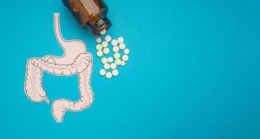 A large intestine shape made from paper and pills capsules with a bottle on a blue background photo