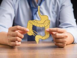 Man holding a large intestine shape made from yellow paper photo