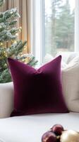 Luxurious Velvet Cushions Elevating Cozy Winter Ambiance in Snowy Cabin Setting photo