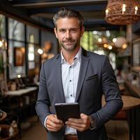 Smiling portrait of a businessman using tablet photo