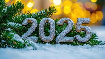 Happy New Year 2025. Wooden numbers covered with snow stand in the snow against a background of bokeh lights and fir branches. photo