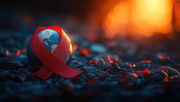 World AIDS Day concept, Earth globe with red ribbon on ashes and fire background. photo