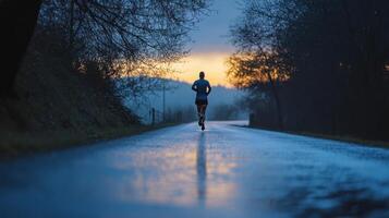 Woman running on a wet road at sunset. Concept of determination, fitness and healthy lifestyle. photo