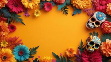 Day of the Dead, Dia de los Muertos colorful frame with sugar skulls and flowers. Copy space photo