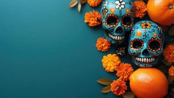 Day of the Dead celebration with decorated sugar skulls and marigolds. photo