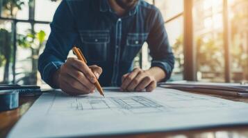 Architect or engineer working on blueprint, construction or design concept. photo