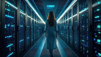 Woman walking in dark server room. Concept of data, technology, and network. photo