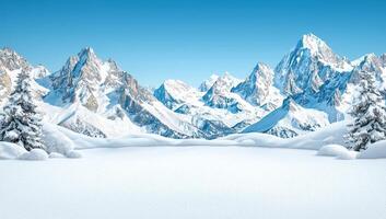 Snowy mountain range landscape on sunny day. Winter wonderland with snow covered peaks and fir trees. Concept of winter sports, holidays, and nature. photo