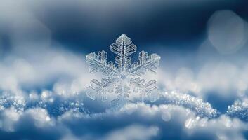 a delicate snowflake on a snow covered surface with a blue bokeh background. photo