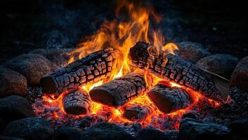 Close up of a campfire with burning logs and glowing embers, creating a warm and inviting atmosphere. photo