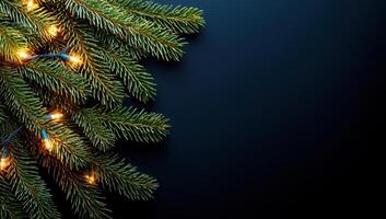 Christmas background with fir branches and string lights on dark blue, copy space photo