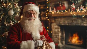 Jolly Santa Claus with Sack by Fireplace, Christmas Cheer photo