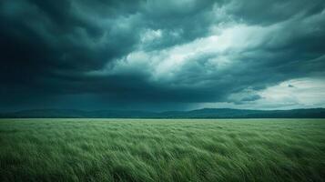 Storm Clouds Over Green Field. Dramatic sky with dark clouds over a green field. Concepts of weather, nature, environment, climate change. photo