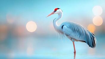 White naped Crane standing in water with bokeh background. photo