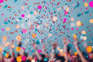 Colorful confetti falling on a cheering crowd at a party. Celebration, festive, and joyful atmosphere. photo