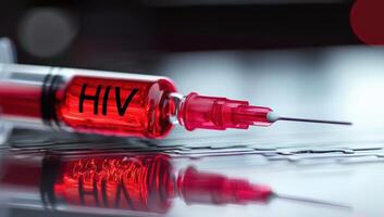 Syringe with HIV positive blood sample on table, representing critical issues of HIV infection, testing, and healthcare. photo