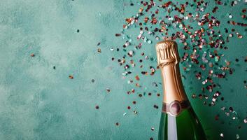 Champagne bottle with confetti on green background. Celebration, festive, party, New Year's Eve concept. photo