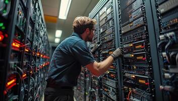 IT Technician Working on a Server in a Modern Data Center. Concept of Technology, Network, Big Data, Cloud Computing photo