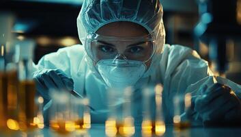 Scientist working with chemical liquids in a laboratory. Concept of research, science, and development. photo